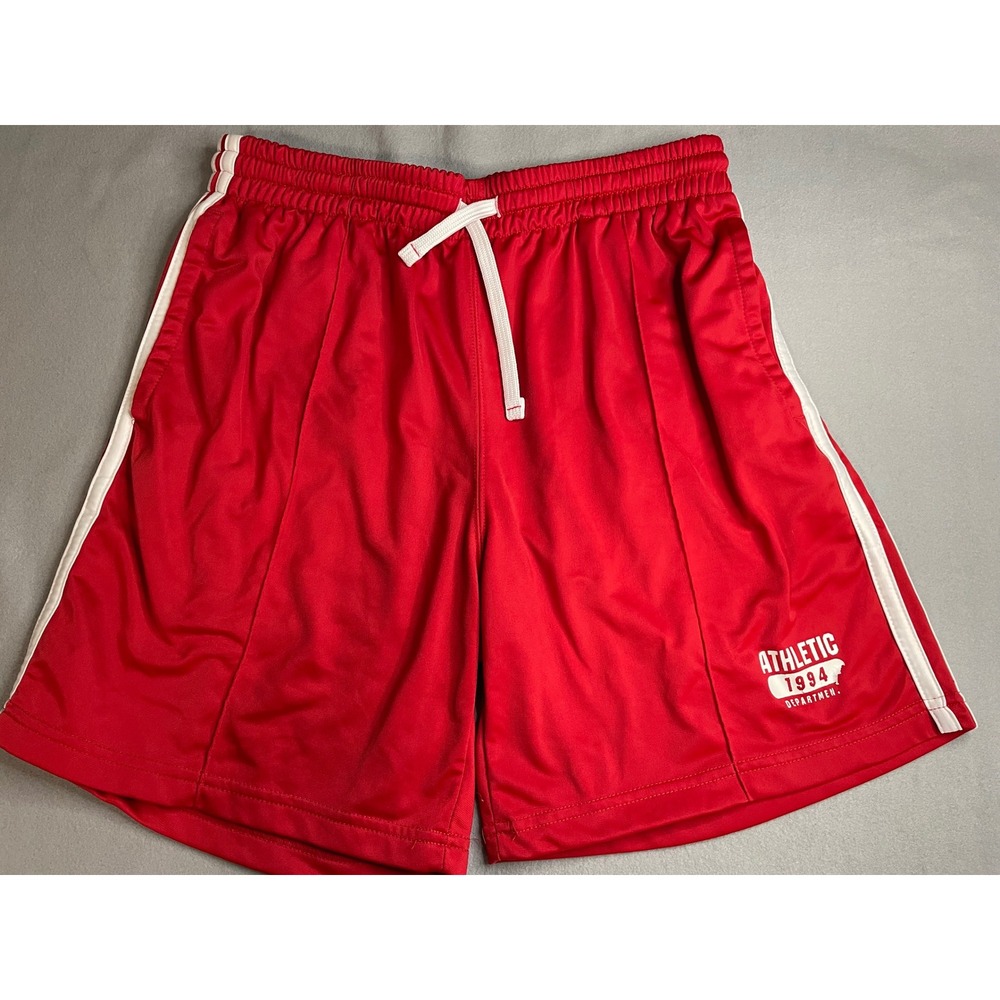 VTG Athletic Works Mens Red Gym Shorts White Stripe Athletic 1994 Large